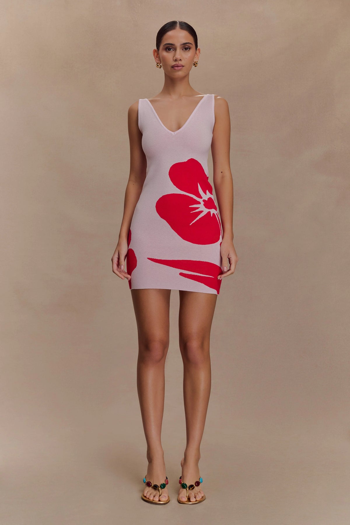 Dorothy Knit Print Mini Dress - Red Deco Fleur Print