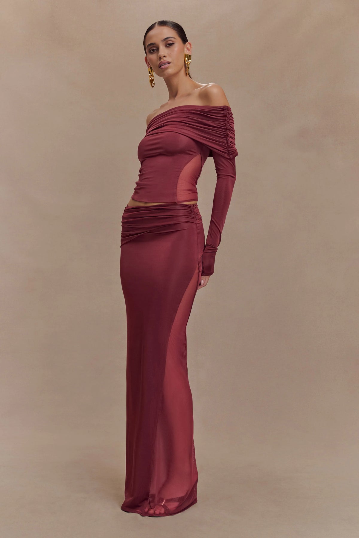 Judy Slinky And Mesh Off Shoulder Top - Wine