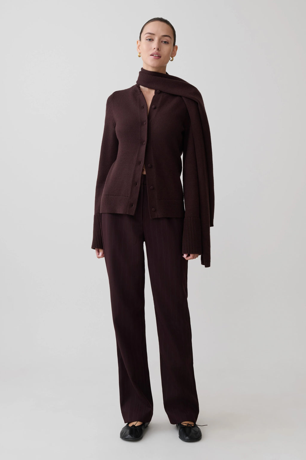 Lara Knit Cardigan With Scarf - Chocolate