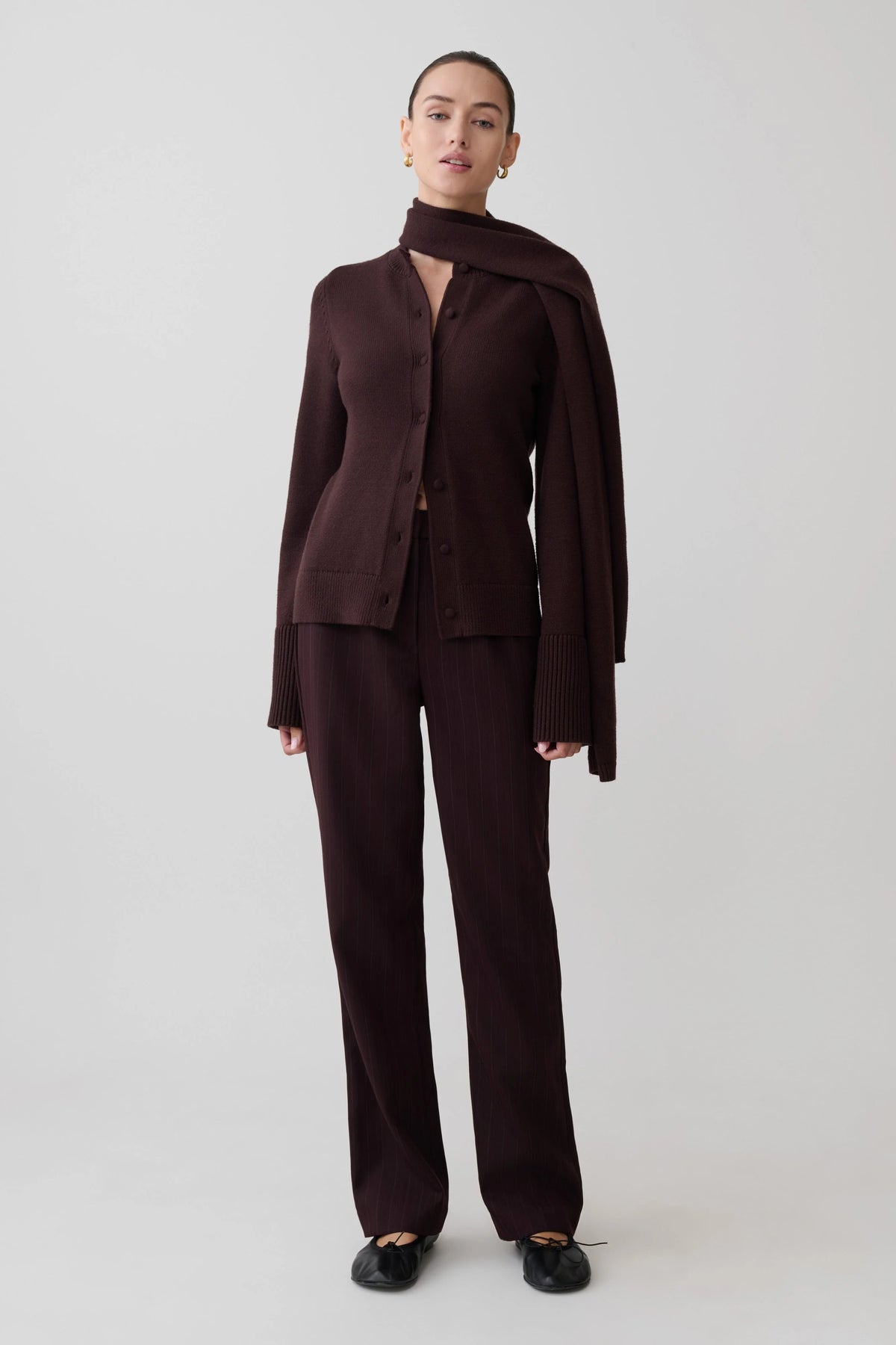 Lara Knit Cardigan With Scarf - Chocolate