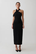 Sable Crossover Crepe Midi Dress - Black