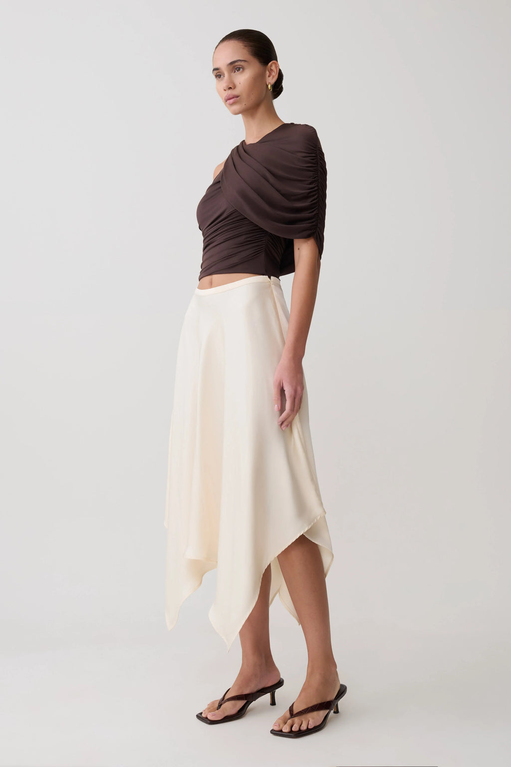 Adrienne One Shoulder Slinky Top - Chocolate