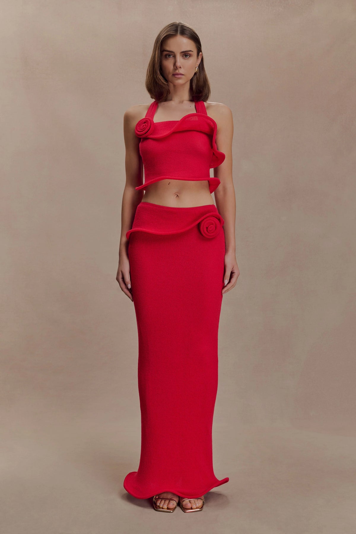 Samira Halter Knit Twist Top - Red