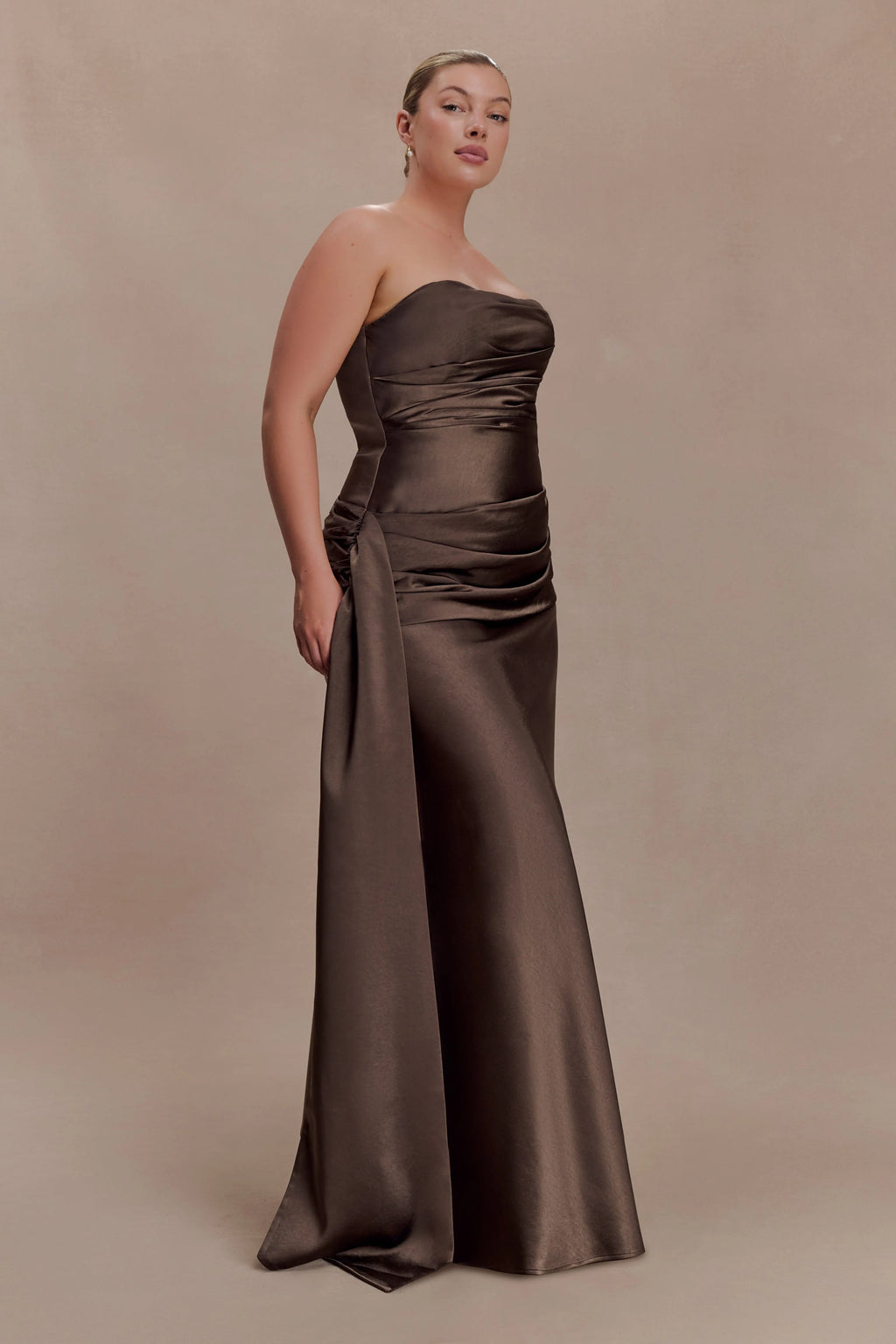 Sarah Strapless Maxi Dress With Waist Tie - Mocha