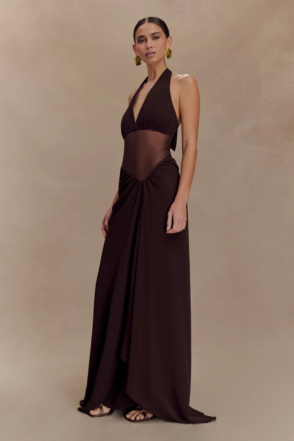 Jonna Chiffon And Mesh Maxi Dress - Dark Chocolate