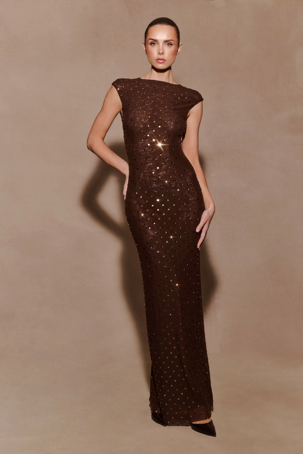 Samara Sleeveless Diamante Maxi Dress - Chocolate