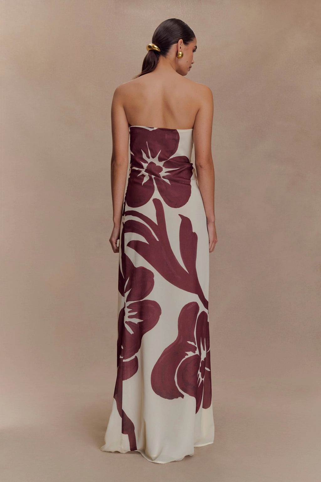 Amaya Strapless Chiffon Maxi Dress - Brown Deco Fleur Print