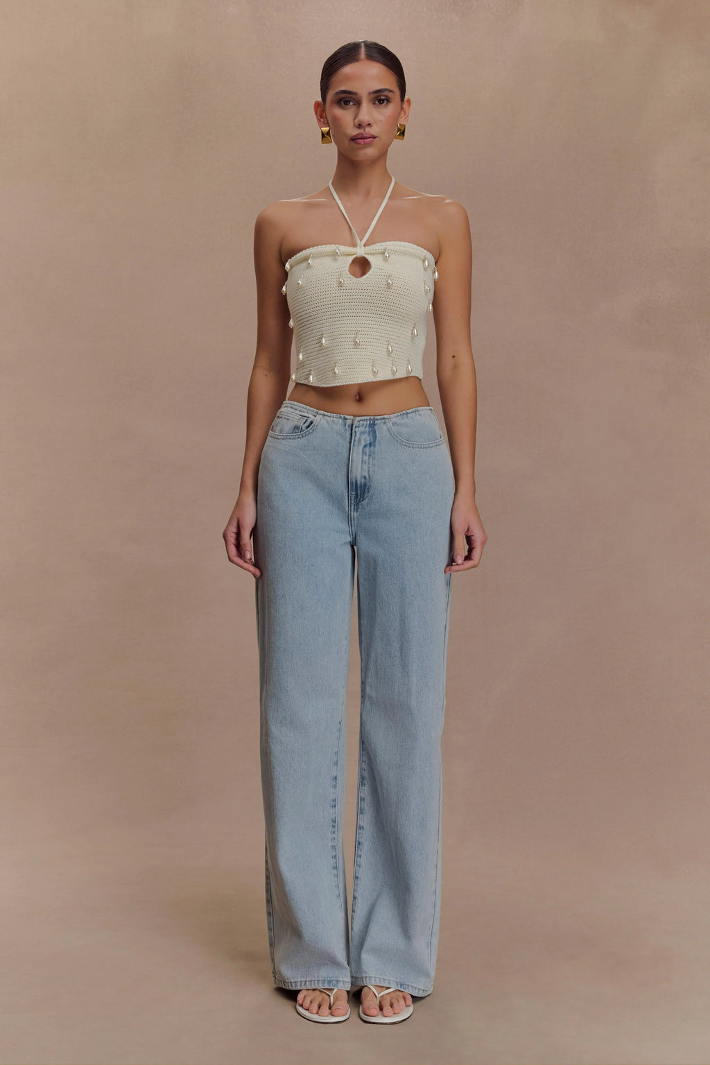 Aletta Knit Pearl Halter Top - Ivory