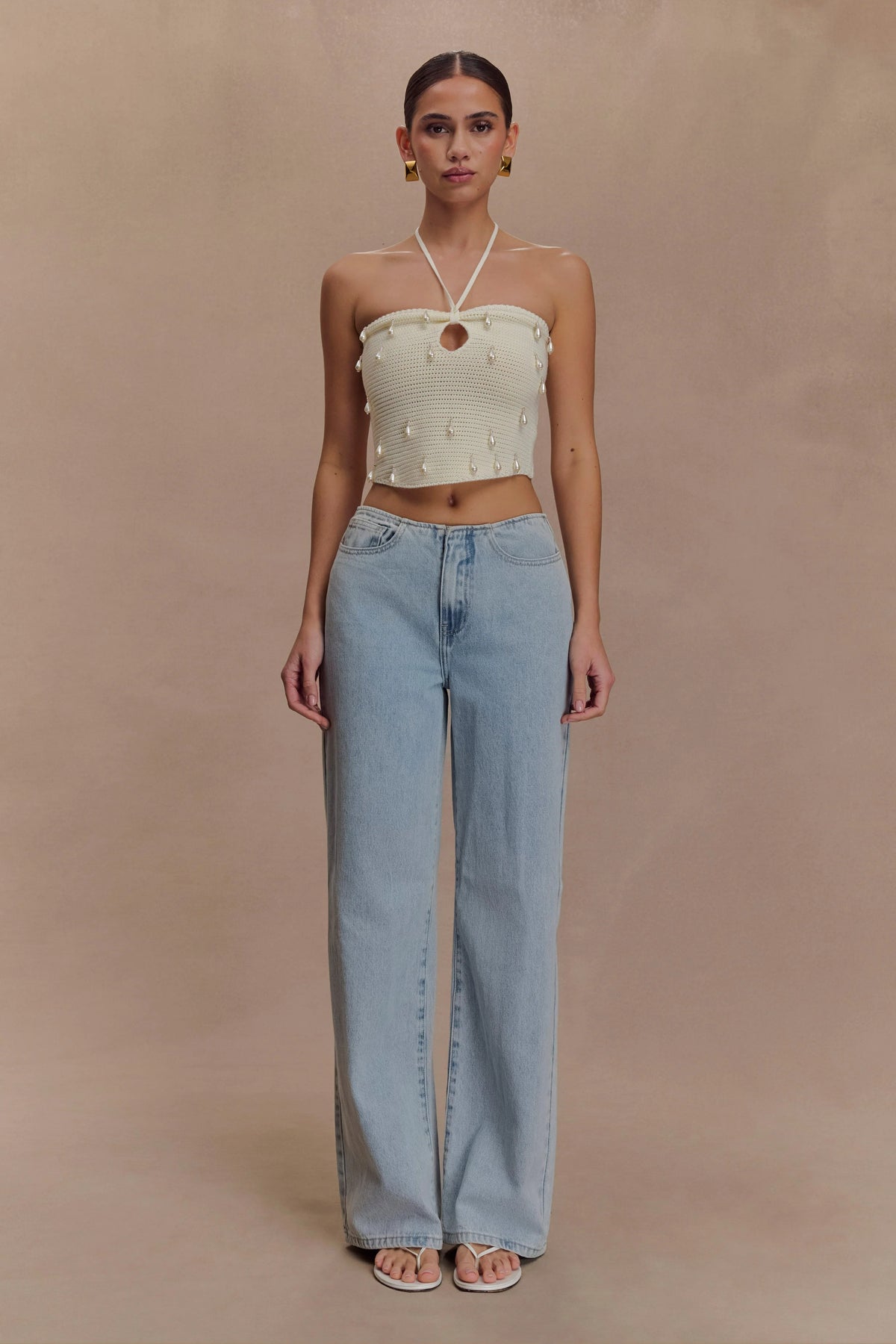 Aletta Knit Pearl Halter Top - Ivory