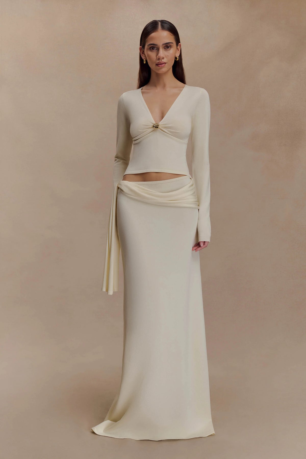 Miraby Front Ruched Knit Long Sleeve Top - Ivory