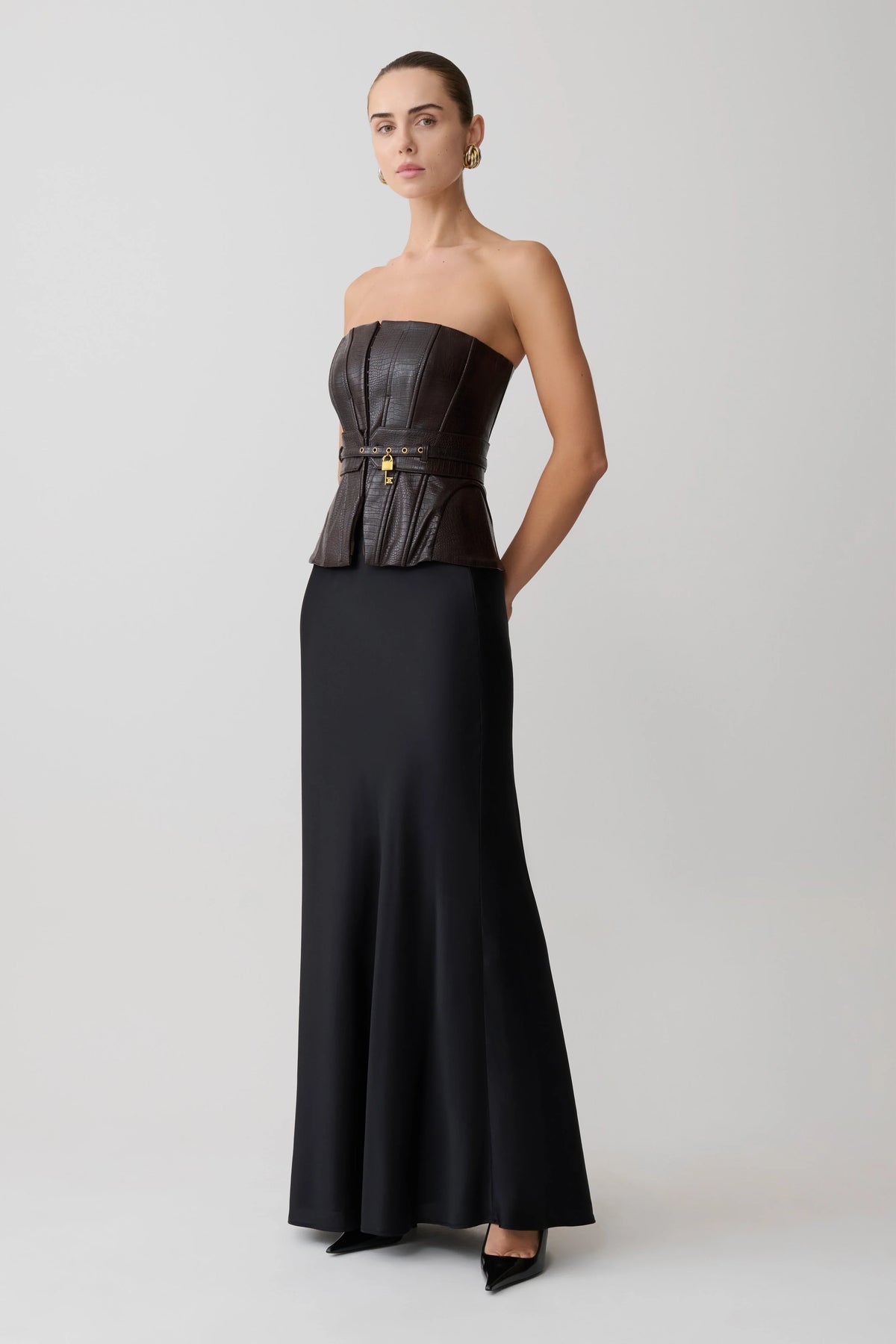 Thalia Faux Leather Boned Corset - Dark Chocolate
