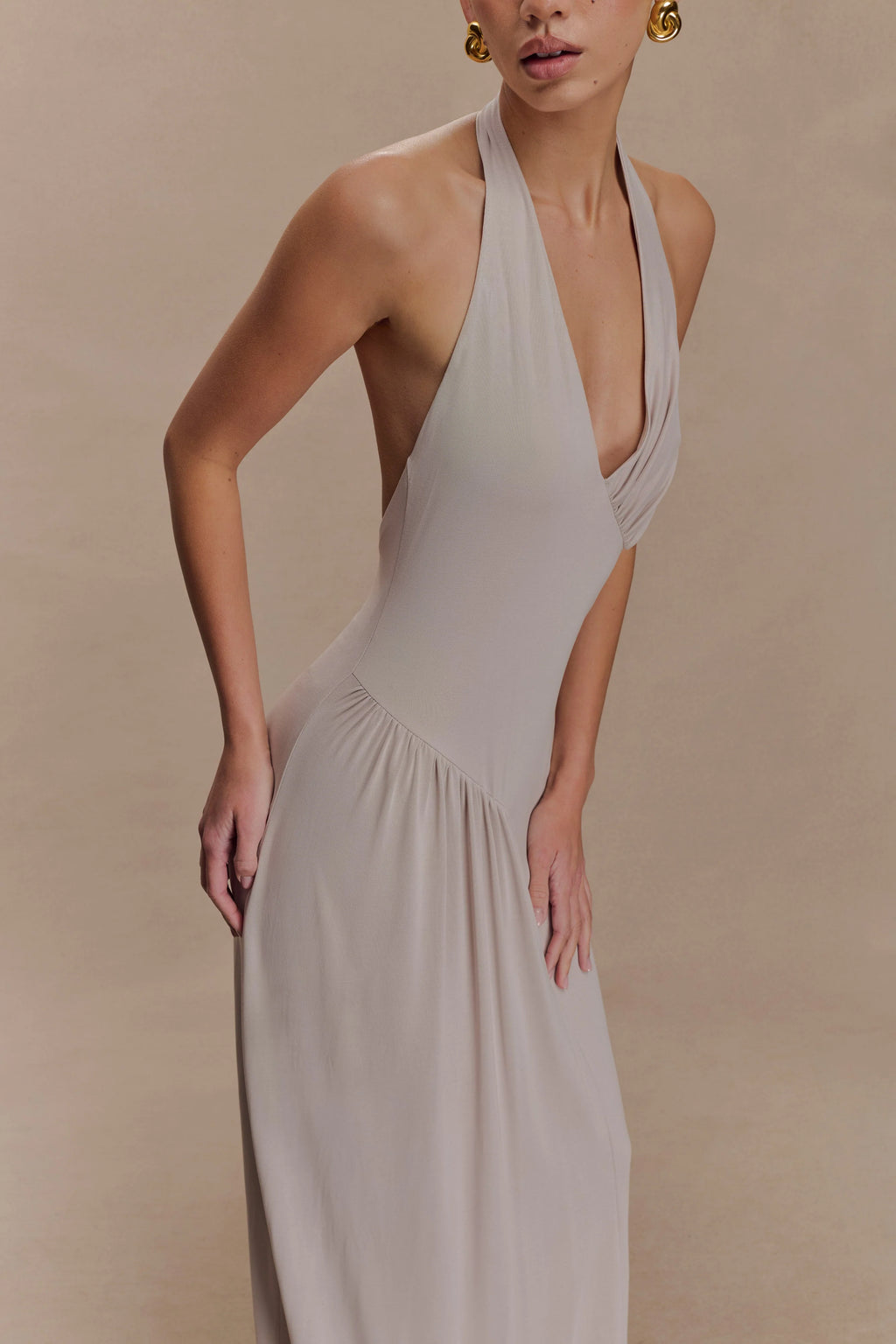 Yelena Ruched Halter Maxi Dress - Taupe