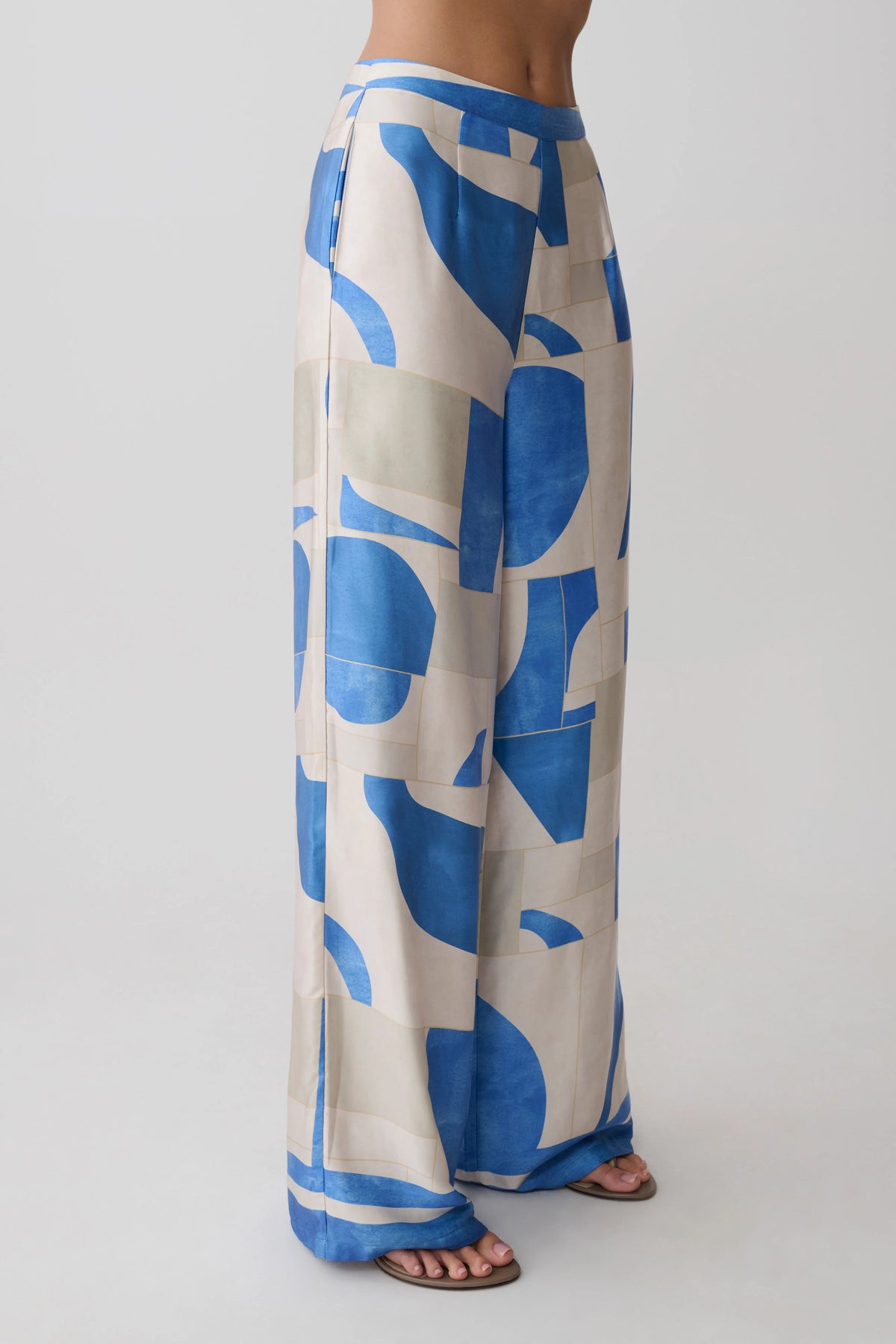 Rachel Satin Straight Leg Pants - Blue Geo Tile Print