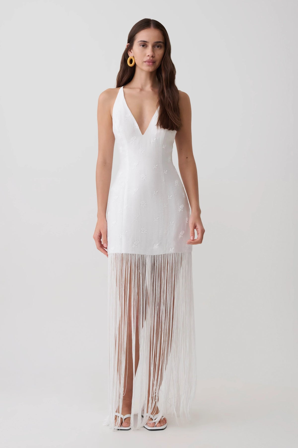 Abigail V Neck Fringe Maxi Dress - White